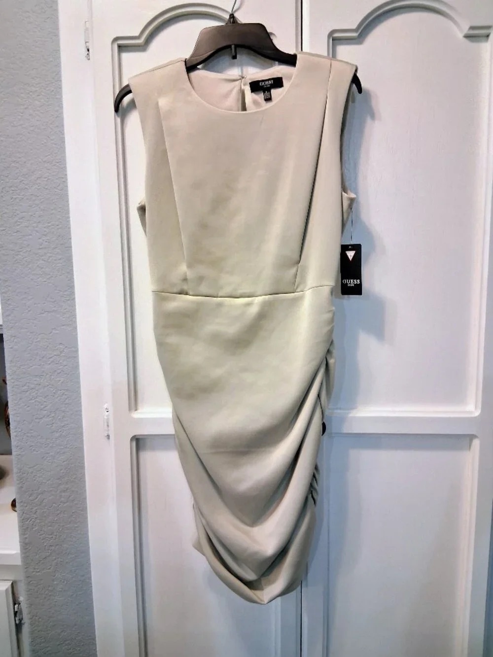 GUESS Sleeveless Draped Sheath Dress in Cream